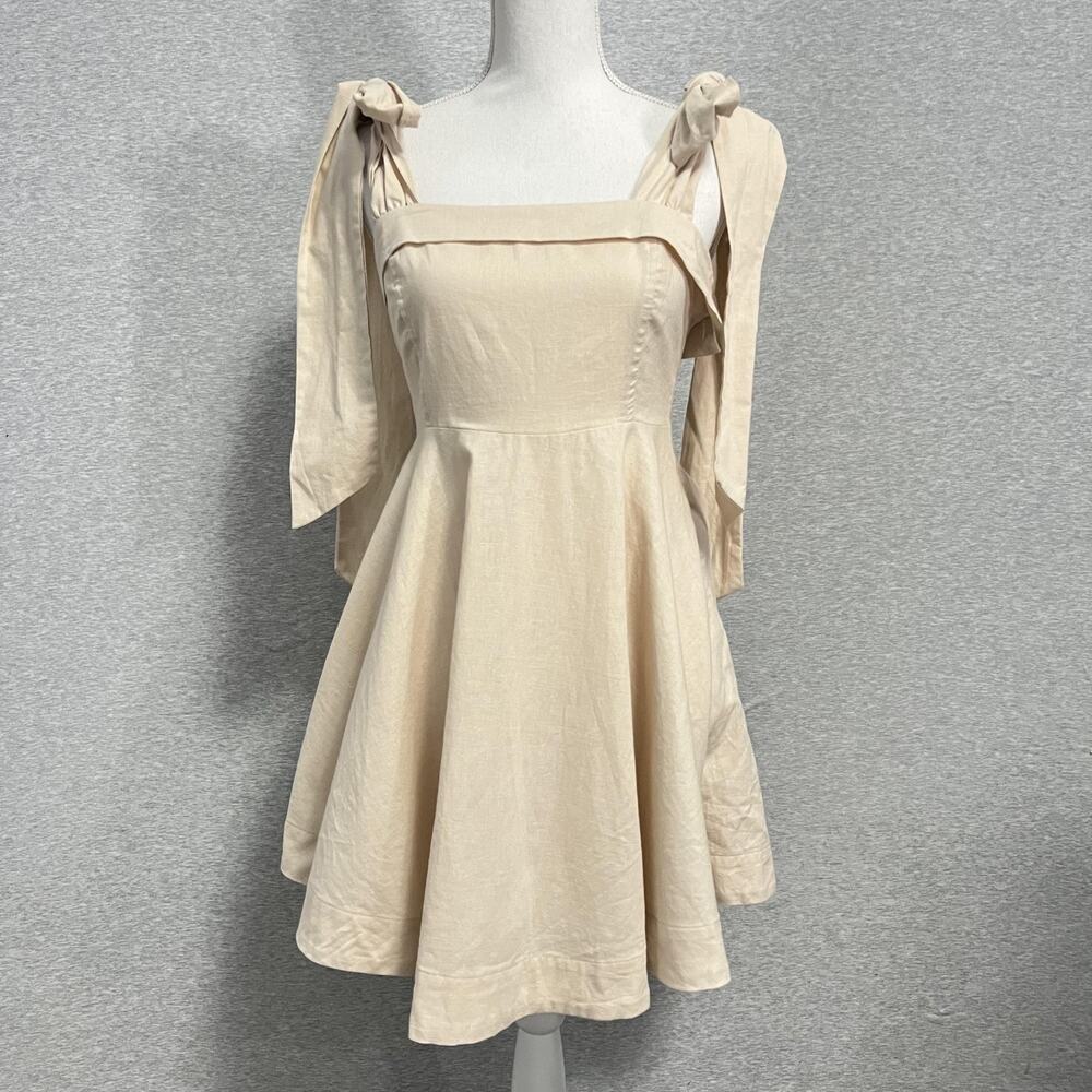 Mable Dress Womens Large Beige Linen Blend‎ Bow Strap Fit Flare Lined Casual